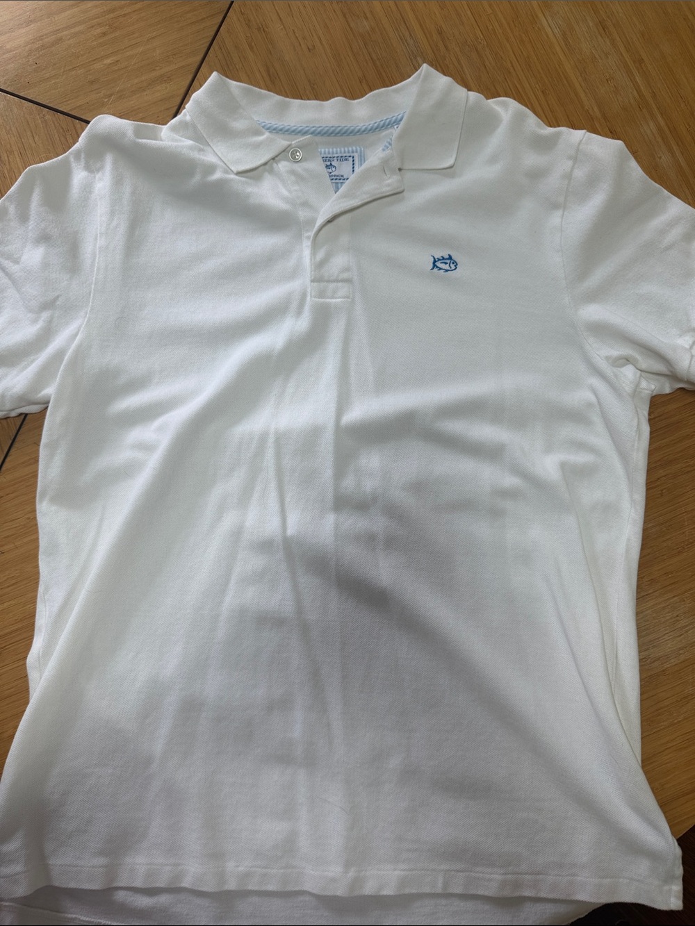 Southern Tide White Polo with Blue Fish Logo